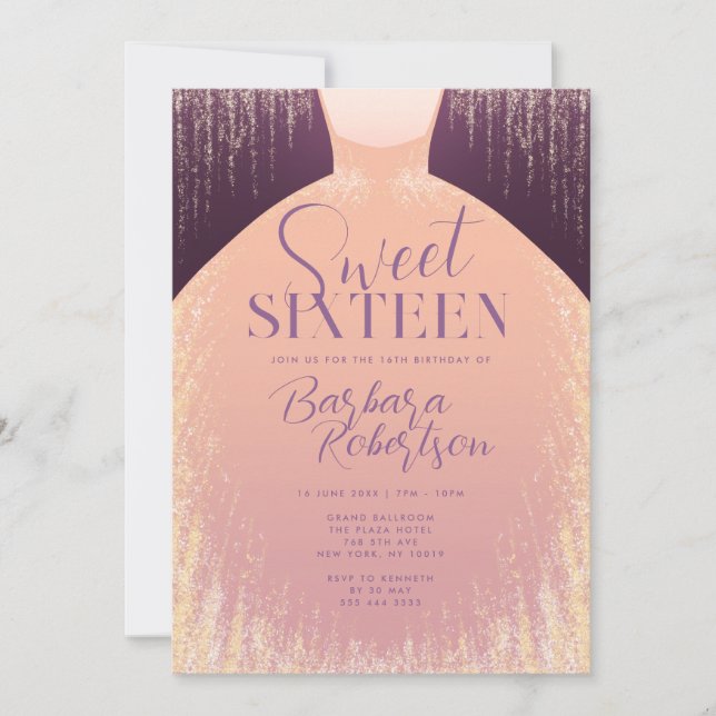 Elegant Rose Gold Glitter Dress Sweet Sixteen Invitation (Front)