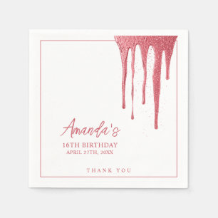 Elegant Rose Gold Glitter Drip Sweet 16 Birthday Napkins