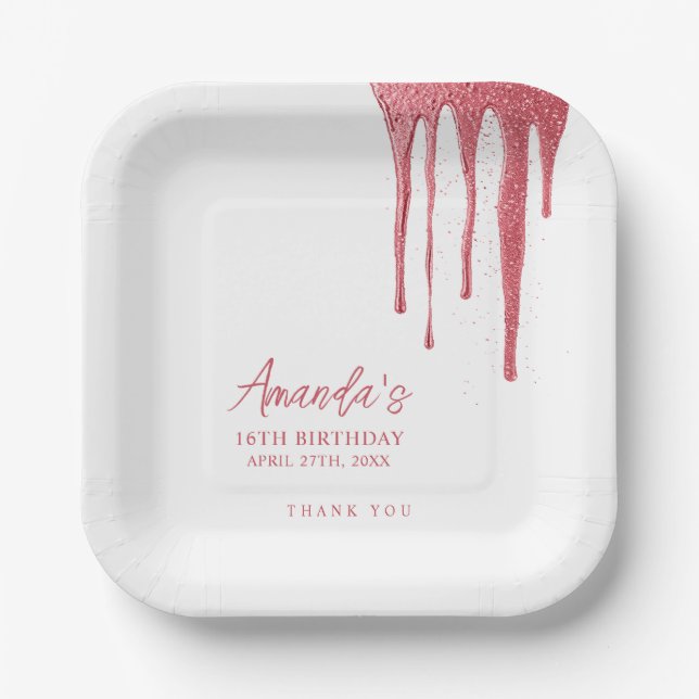 Elegant Rose Gold Glitter Drip Sweet 16 Birthday Paper Plates (Front)