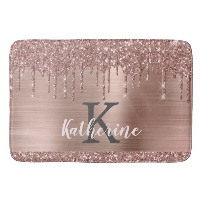 Elegant Rose Gold Glitter Dripping Pink Metal Name Bath Mat (Front)
