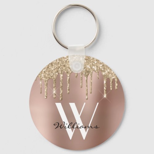 Elegant Rose Gold Glitter Drippings Monogram Name Keychain