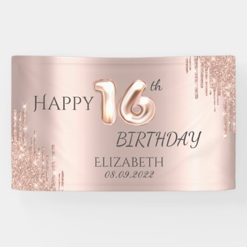 Elegant Rose Gold Glitter Drips 16th Birthday   Banner