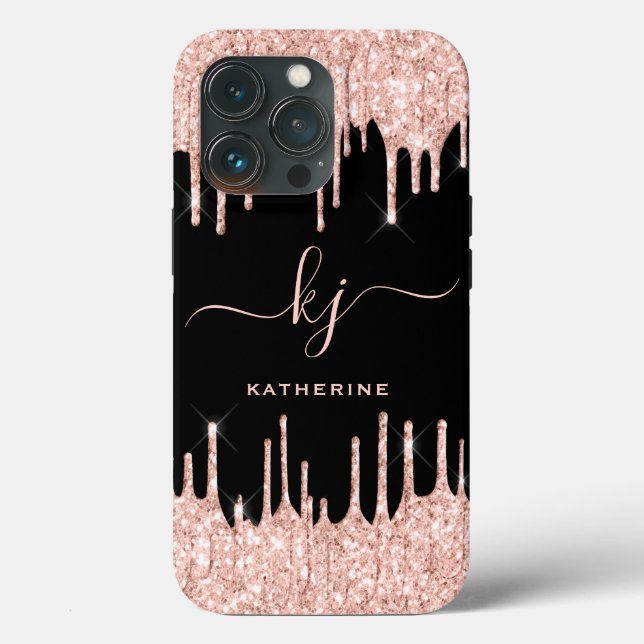 Elegant Rose Gold Glitter Drips 2 Monogram Script Case-Mate iPhone Case (Back)