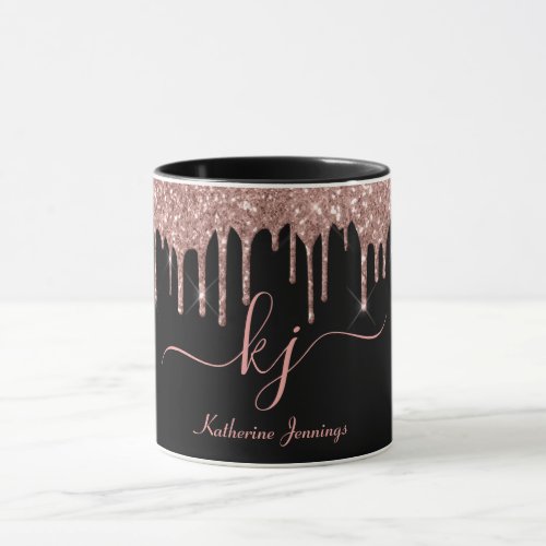 Elegant Rose Gold Glitter Drips 2 Monogram Script  Mug