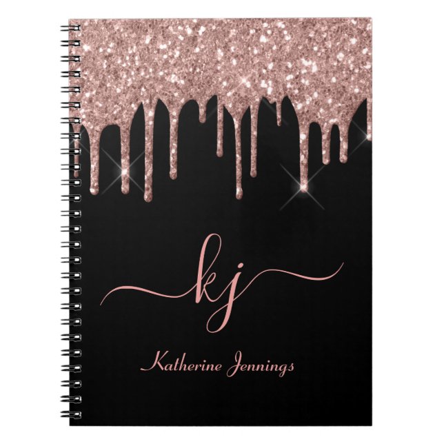 Elegant Rose Gold Glitter Drips 2 Monogram Script  Notebook (Front)