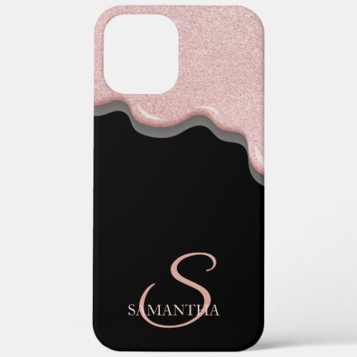 Elegant Rose Gold Glitter Drips Black iPhone 12 Pro Max Case