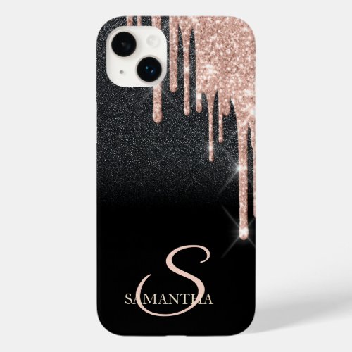 Elegant Rose Gold Glitter Drips Black Glitter Case_Mate iPhone 14 Plus Case