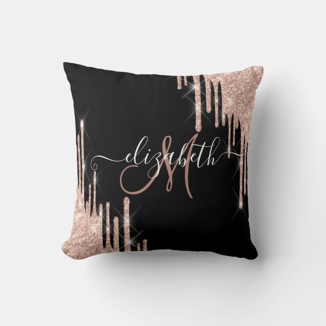 Elegant Rose Gold Glitter Drips Black Monogram Throw Pillow (Front)