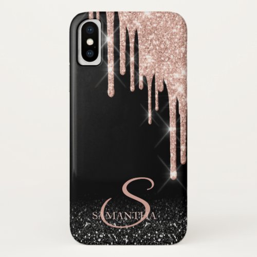 Elegant Rose Gold Glitter Drips Black Ombre iPhone X Case