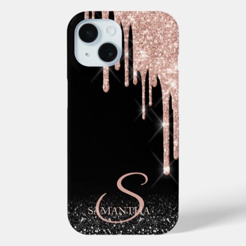 Elegant Rose Gold Glitter Drips Black Ombre iPhone 15 Case