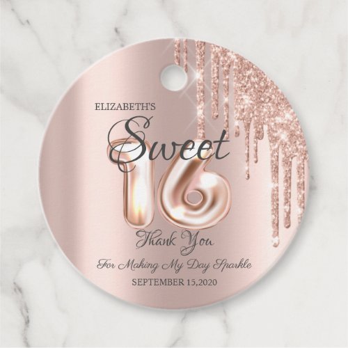 Elegant Rose Gold Glitter Drips Bokeh Sweet 16 Favor Tags