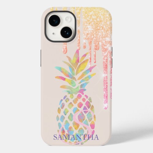 Elegant Rose Gold Glitter Drips Colorful Pineapple Case_Mate iPhone 14 Case