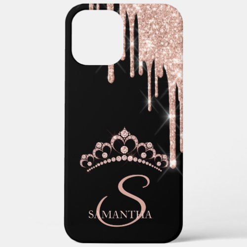 Elegant Rose Gold Glitter Drips Diamonds Tiara iPhone 12 Pro Max Case