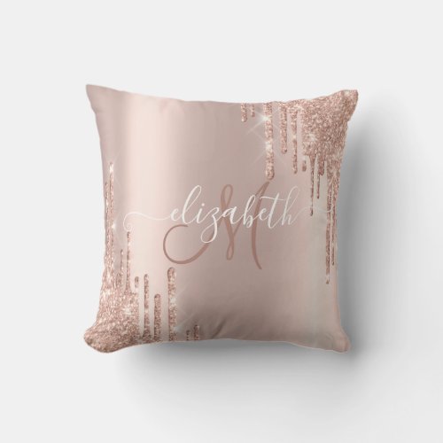 Elegant Rose Gold Glitter Drips Drops Monogram Throw Pillow