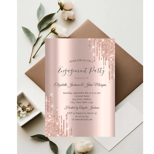 Elegant Rose Gold Glitter Drips Engagement Invitation 