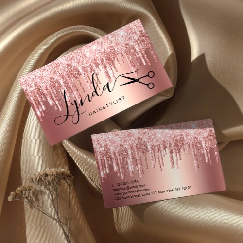 Elegant rose gold glitter drips hairstylist business card