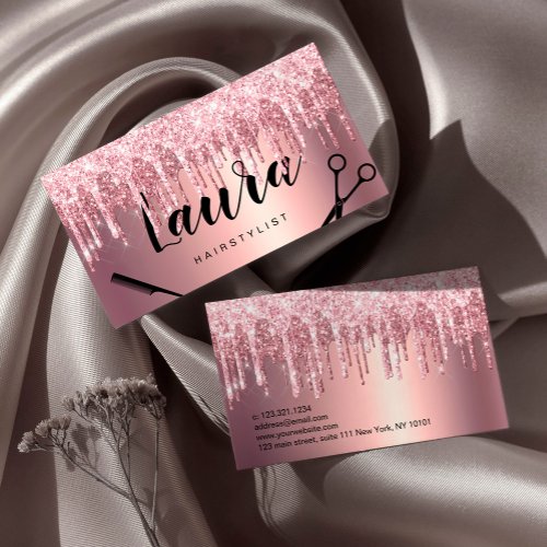 Elegant rose gold glitter drips hairstylist  business card
