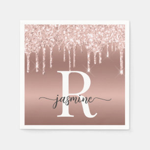 Elegant Rose Gold Glitter Drips Metal Monogram Napkins