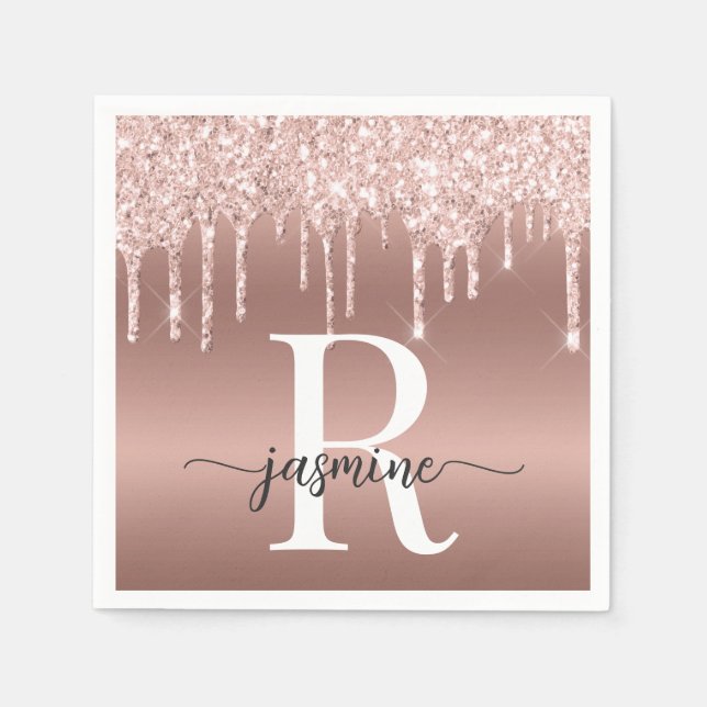 Elegant Rose Gold Glitter Drips Metal Monogram Napkins (Front)