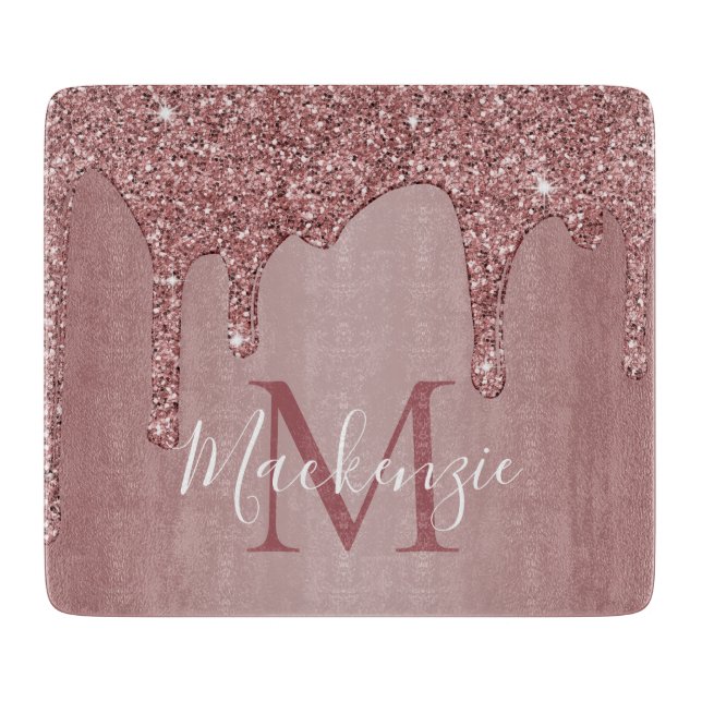 Elegant Rose Gold Glitter Drips Monogram Cutting Board (Front)