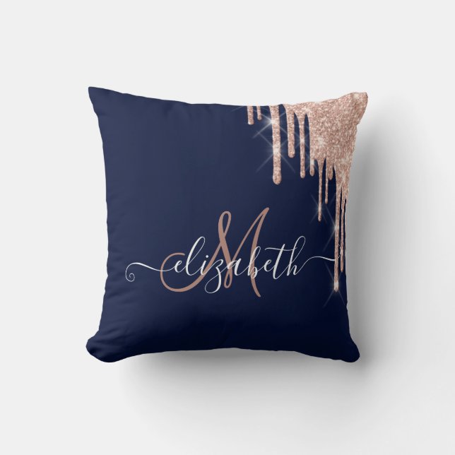 Elegant Rose Gold Glitter Drips Monogram Navy Blue Throw Pillow (Front)