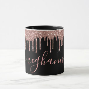 Elegant Rose Gold Glitter Drips Monogram Script Mug