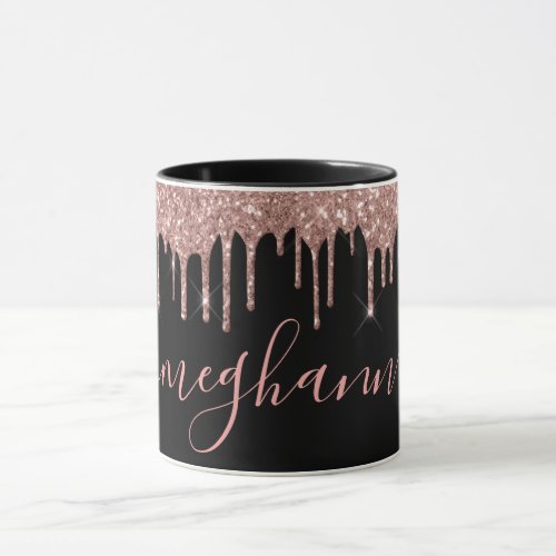 Elegant Rose Gold Glitter Drips Monogram Script  Mug