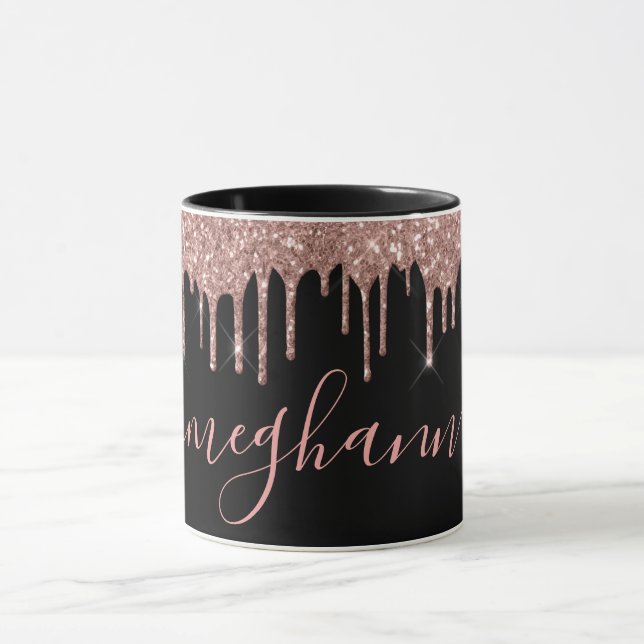 Elegant Rose Gold Glitter Drips Monogram Script  Mug (Center)
