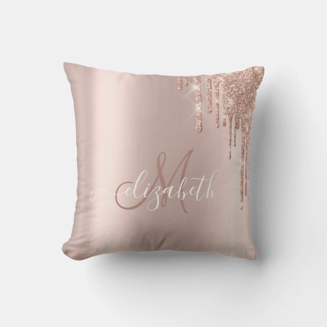 Elegant Rose Gold Glitter Drips Monogram Throw Pillow (Front)