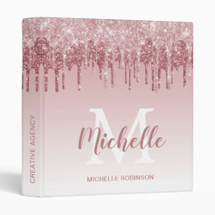 Elegant Rose Gold Glitter Drips Monogrammed Office 3 Ring Binder