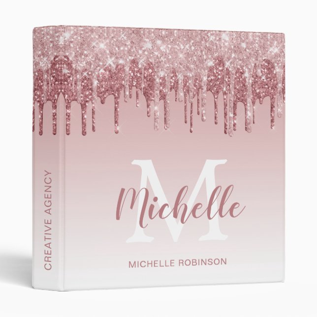 Elegant Rose Gold Glitter Drips Monogrammed Office 3 Ring Binder (Front/Spine)