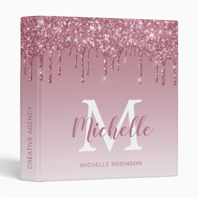 Elegant Rose Gold Glitter Drips Monogrammed Office 3 Ring Binder (Front/Spine)