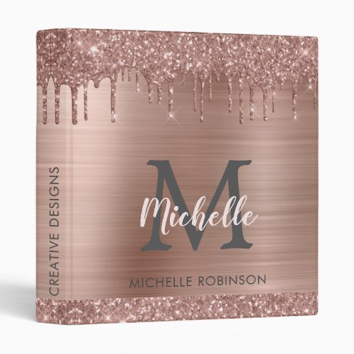 Elegant Rose Gold Glitter Drips Name School Office 3 Ring Binder