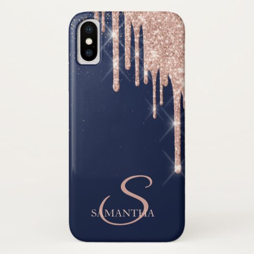 Elegant Rose Gold Glitter DripsNavy Blue iPhone X Case