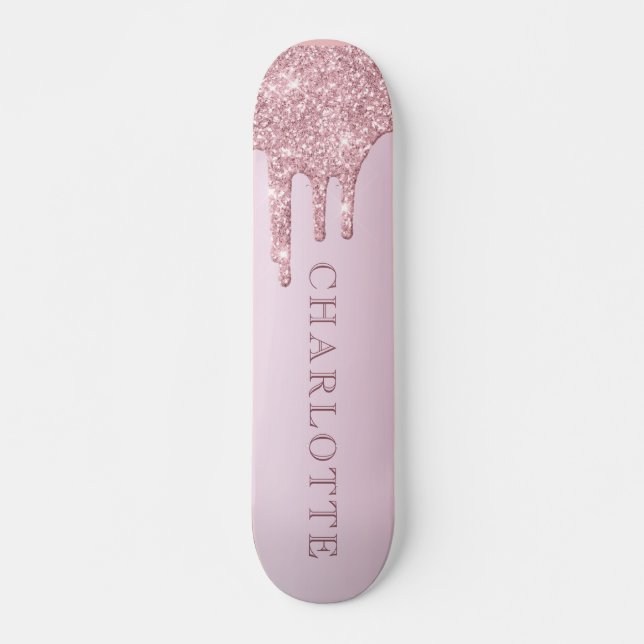 Elegant Rose Gold Glitter drips Personalized Skateboard (Front)