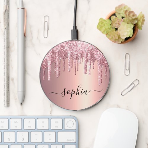 Elegant Rose Gold Glitter Drips Personalized  Wireless Charger