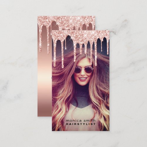 Elegant rose gold glitter drips photo hairstylist  business card