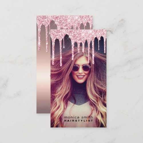 Elegant rose gold glitter drips photo hairstylist business card