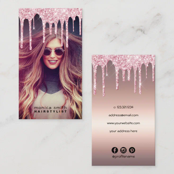 Elegant Rose Gold Glitter Drips Photo Hairstylist Business Card Zazzle 6100