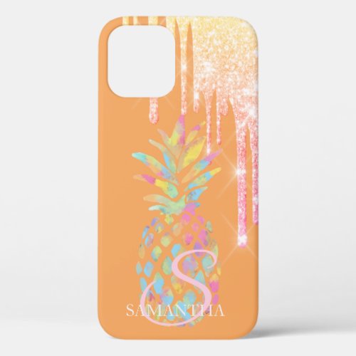 Elegant Rose Gold Glitter Drips Pineapple Orange iPhone 12 Case