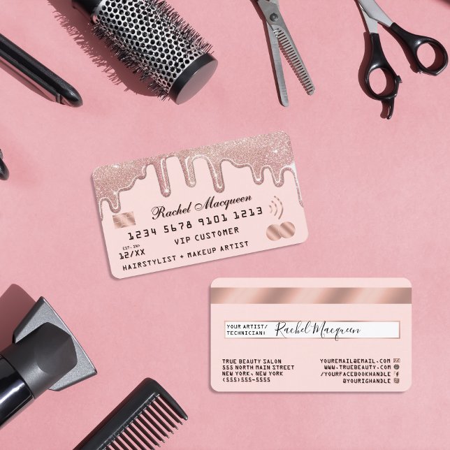 Elegant Rose Gold Glitter Drips Pink Credit Business Card (Creator Uploaded)