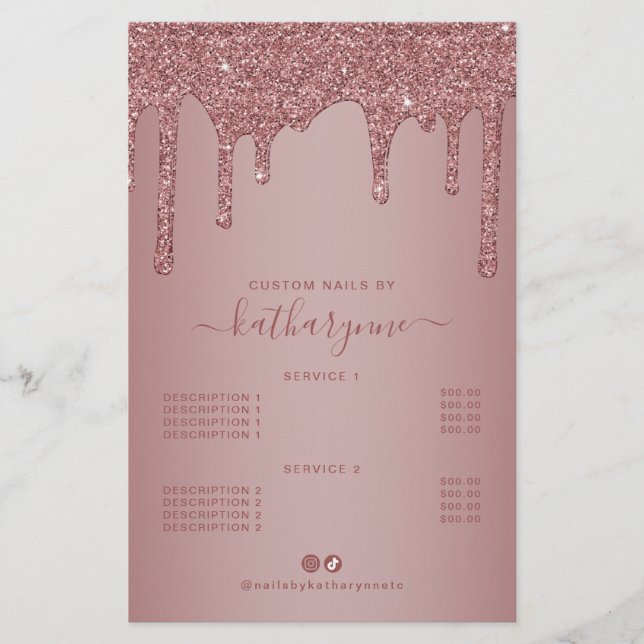 Elegant Rose Gold Glitter Drips Price List Flyer (Front)