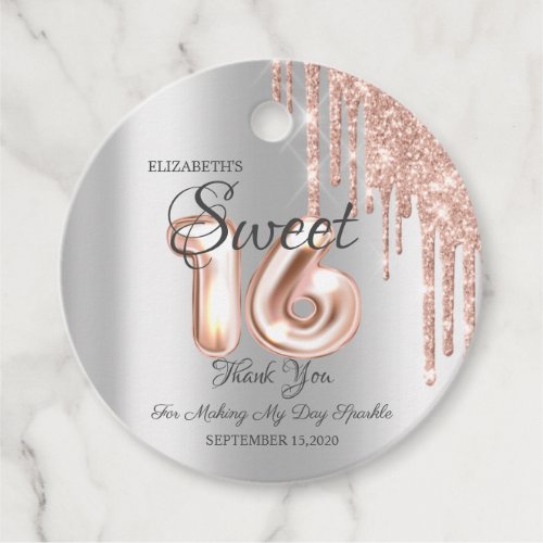 Elegant Rose Gold Glitter Drips Silver Sweet 16  Favor Tags