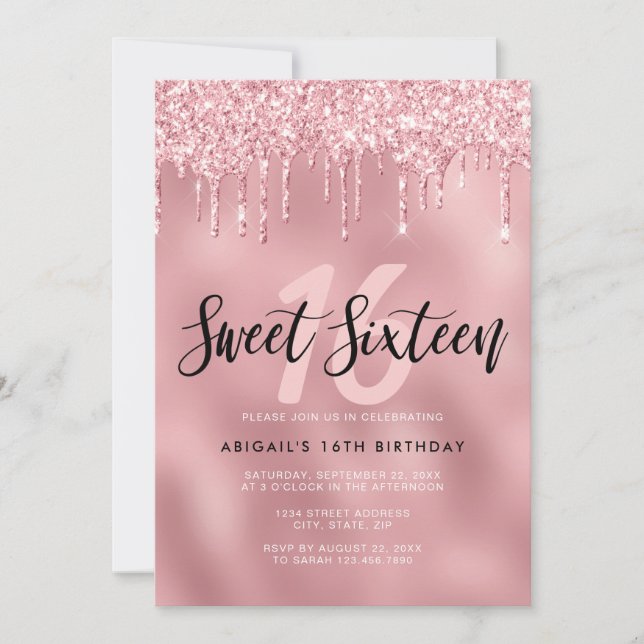 Elegant rose gold glitter drips sweet sixteen invitation (Front)
