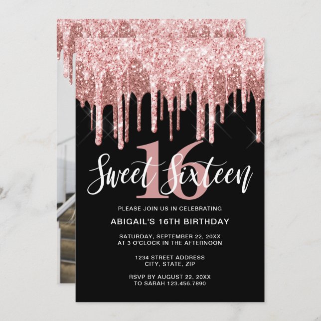 Elegant rose gold glitter drips sweet sixteen  invitation (Front/Back)