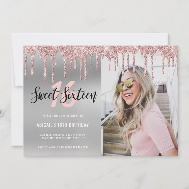 Elegant rose gold glitter drips sweet sixteen  invitation (Front)