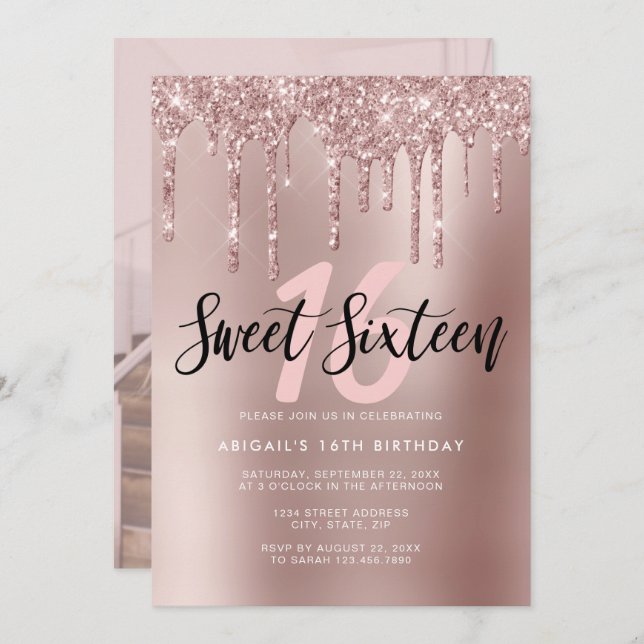 Elegant rose gold glitter drips sweet sixteen invitation (Front/Back)
