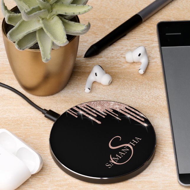 Elegant Rose Gold Glitter Drips  Wireless Charger (Desk 2)