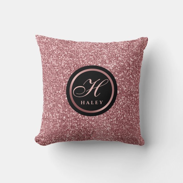 Elegant Rose Gold Glitter Effect Monogram Initial Throw Pillow (Front)