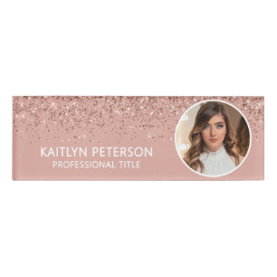 Elegant Rose Gold Glitter Employee Photo ID Name Tag
